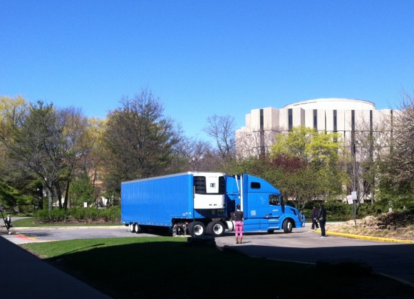 Parking the truck really showcased the driver's skills. There was a limited and difficult space to park. The truck is really tall, so care was taken not to break any tree branches. The truck also had to be positioned for loading before University classes let out!