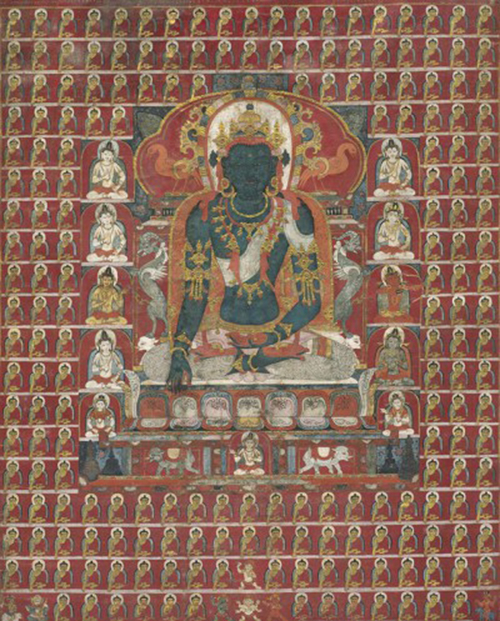 Buddha Akshobhya Tibet; 14th century Mineral pigment and raised gold on cloth C2010.8 (HAR 55531)