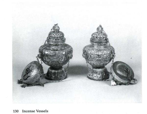 Incense Vessels Tibet, China, or Mongolia; 18th century Silver plate over white metal, hand-hammered repousse designs Jacques Marchais Museum of Tibetan Art L2013.22.2a-b 