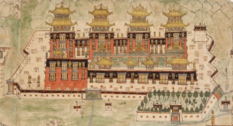 Tashilhunpo Monastery with the big thangka wall, the four Panchen Lama mausoleums, and the Kiki Naga Garden; detail of the panoramic map of Southern Tibet Â© The British Library Board, Add. Or. 3016, Folio 2 (detail).