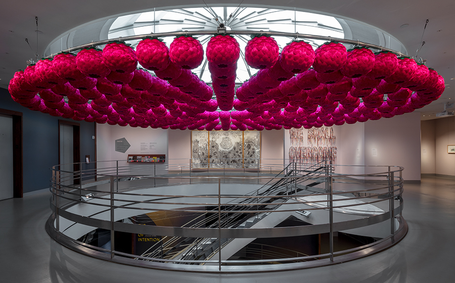 Kimsooja (b. 1957, Daegu, South Korea; lives and works in New York and Seoul); Lotus: Zone of Zero; 2019; site-specific installation of 272 lotus lanterns, Tibetan, Gregorian, and Islamic chants; courtesy of Kimsooja Studio; installation photograph by David De Armas