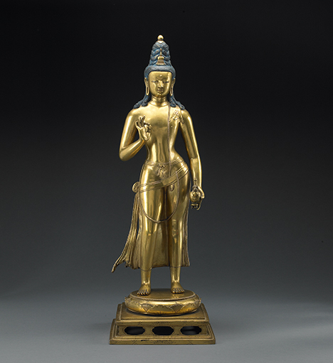 Maitreya; attributed to Zanabazar(1635-1723); Mongolia; 17th century; gilt bronze with blue pigment in the hair and traces of otherpigments in the eyes and mouth; 24 9/16 x 8 7/16 x 7 5/8 in. (62.4 x 21.5 x 19.4 cm); Harvard Art Museums/Arthur M. Sackler Museum; gift of John West; 1963.5; photograph: Imaging Department © President and Fellows of Harvard College