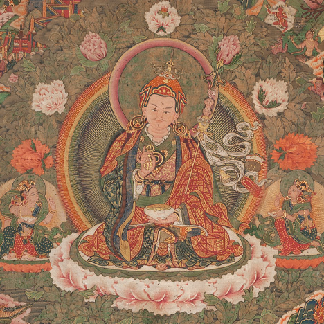 Padmasambhava, His Eight Manifestations, and Scenes from His Life; Gangteng Monastery, Bhutan; 19th century; pigments on cloth; Rubin Museum of Art; gift of Shelley and Donald Rubin; SC2012.4.13 (HAR 1093)